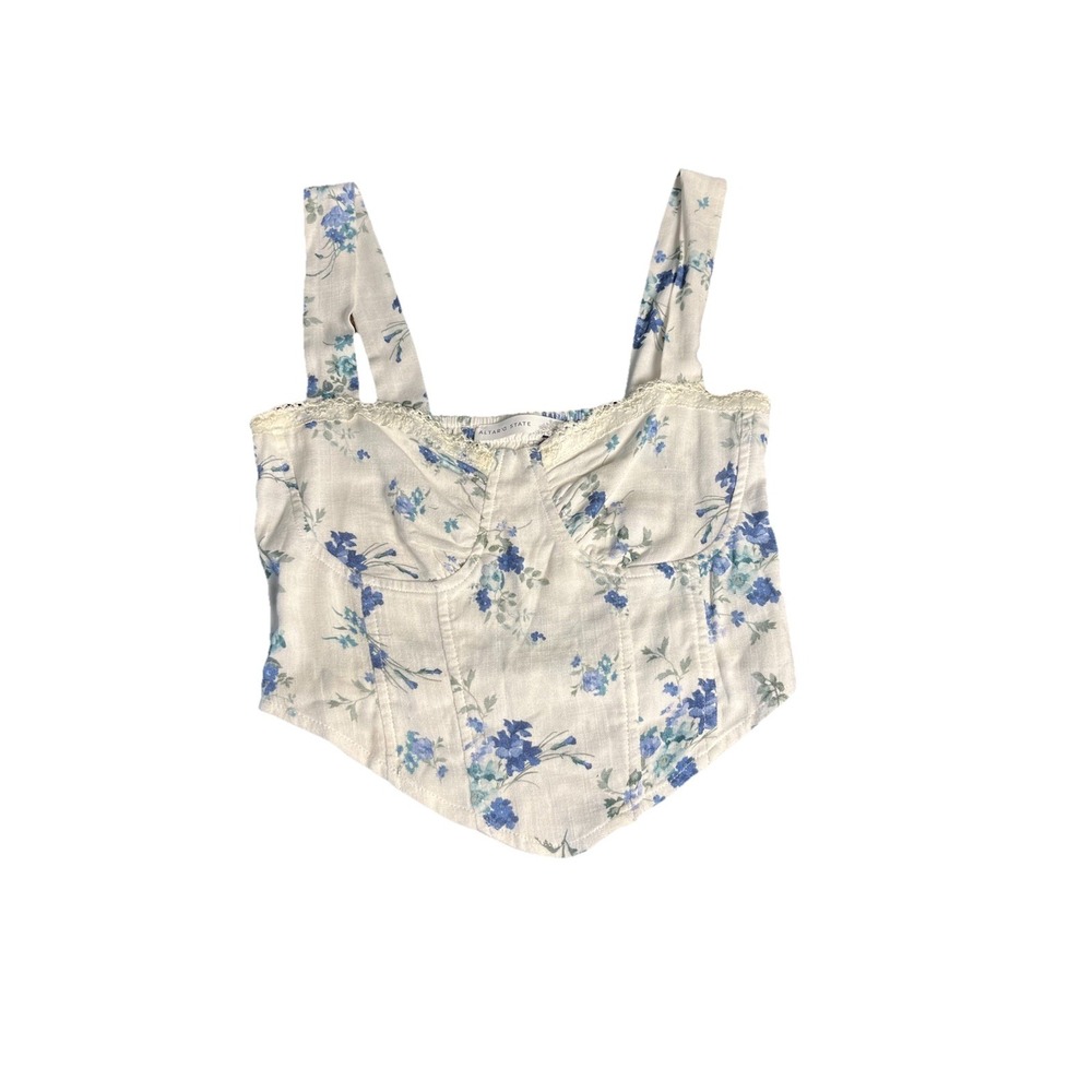 Altar'd State Floral Corset Top XS Blue White Cottagecore Bustier Crop Lace Trim